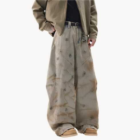 Summer Yellow Mud Graffiti Jeans Men's Y2K Vintage High Waisted Streetwear
